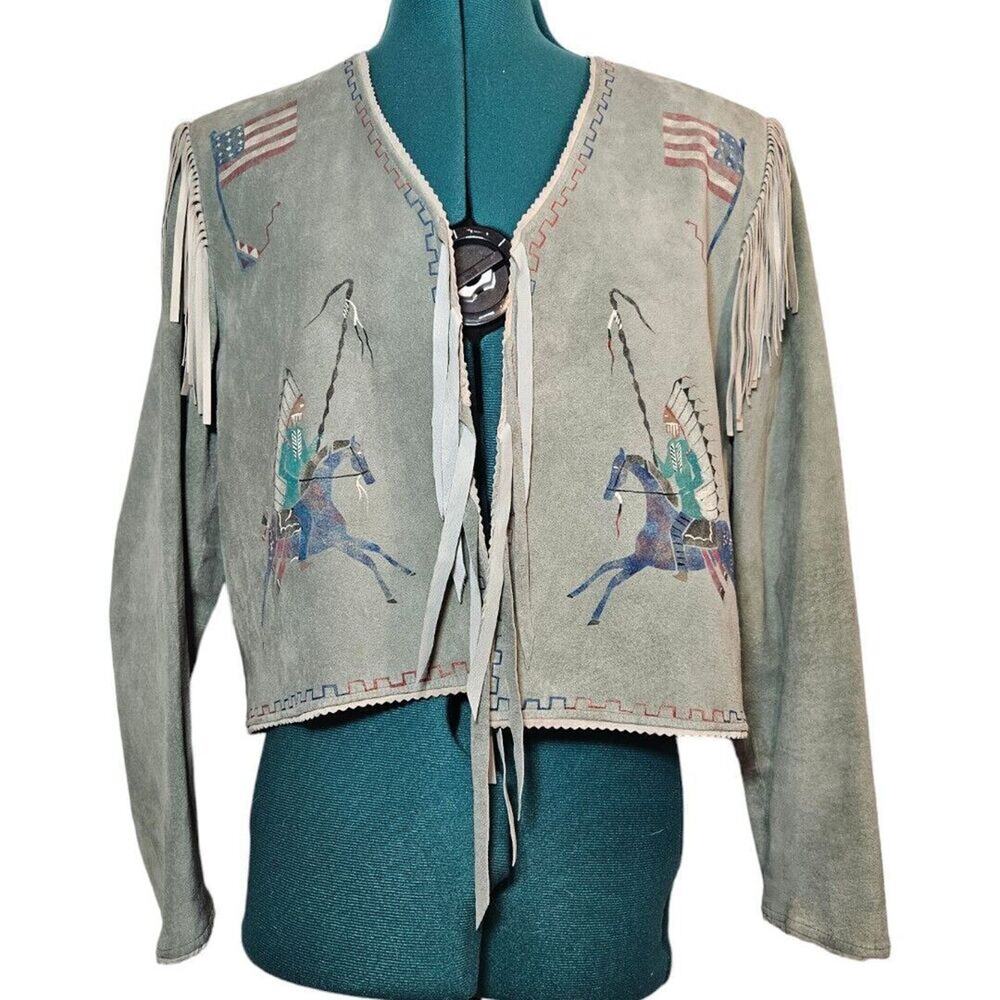 Patricia Wolf Blue Suede leather hand Painted jacket Horse American Flag fringe
